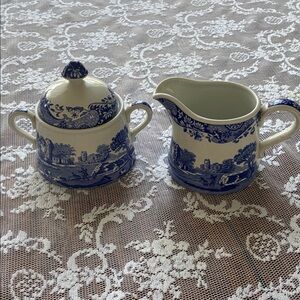 Spode Blue Italian Sugar Bowl and Creamer Set Vintage